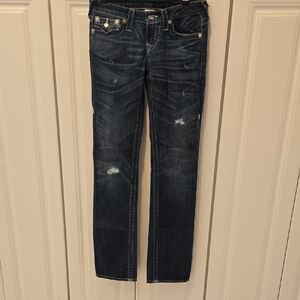 True Religion Women's Dark Blue Distressed Straight Leg Jeans